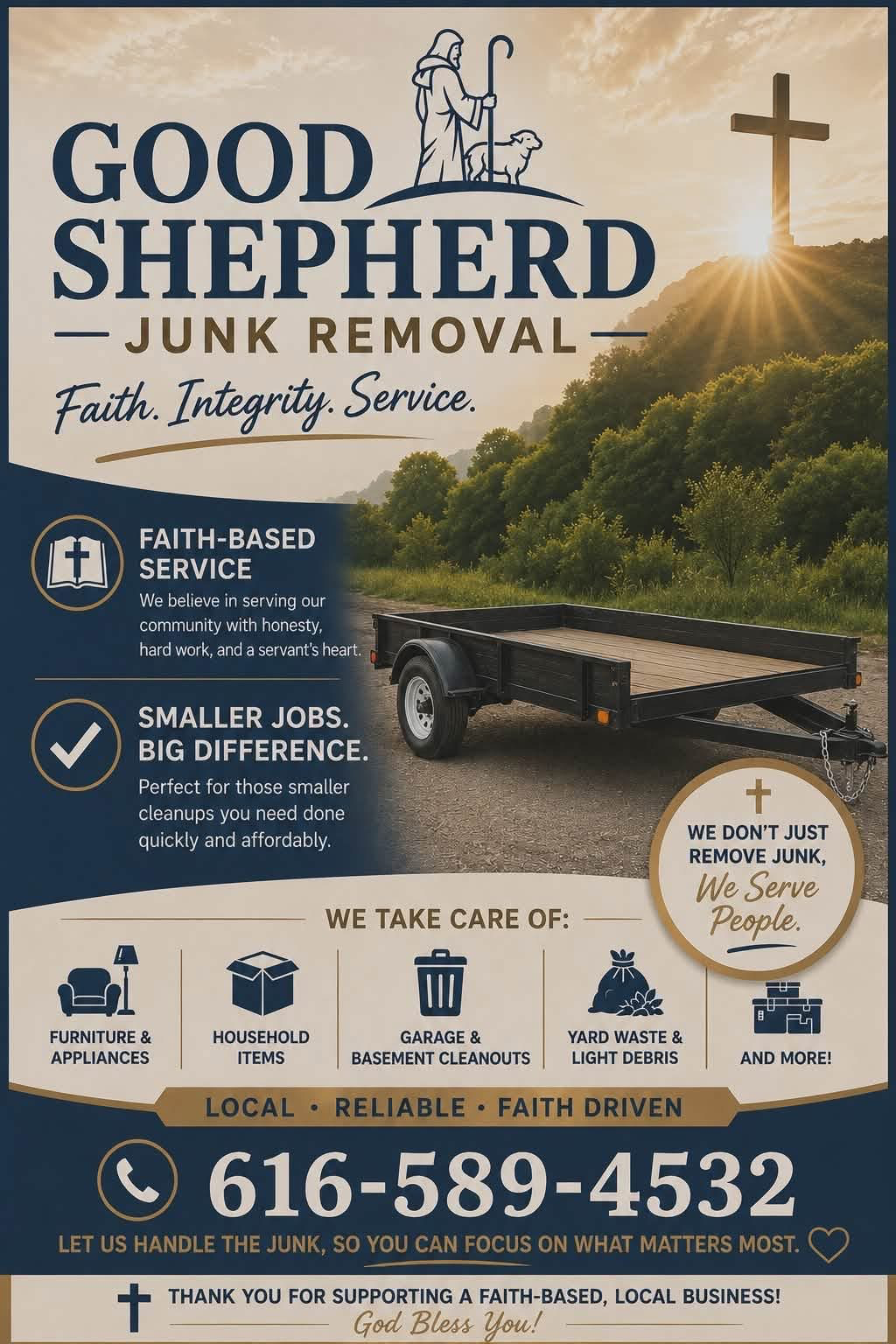 Good Shepherd Junk Removal flyer showing a trailer, the services offered and the phone number 616-589-4532
